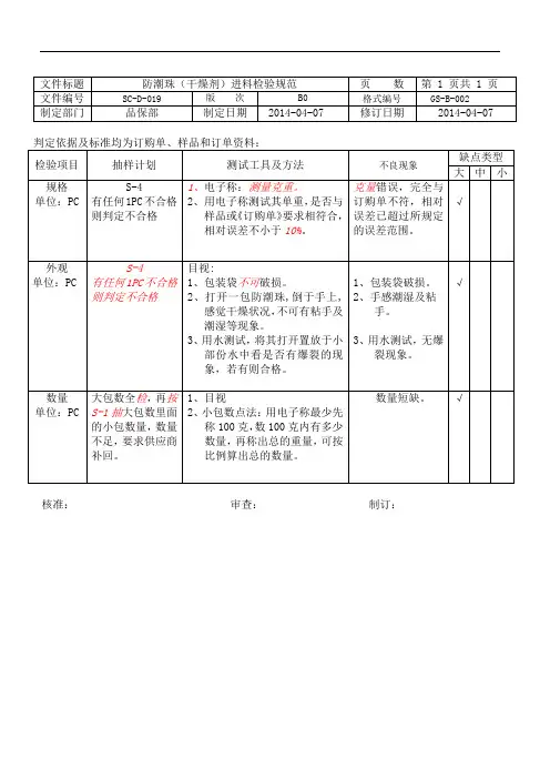 防潮珠(干燥剂)进料检验规范