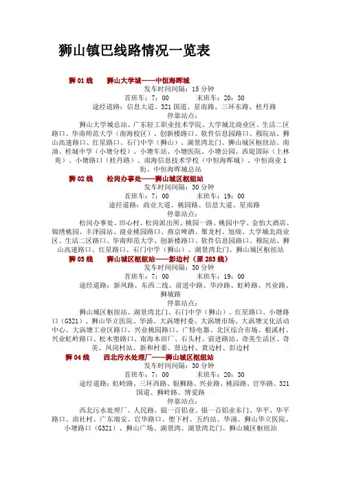 狮山镇巴线路情况一览表