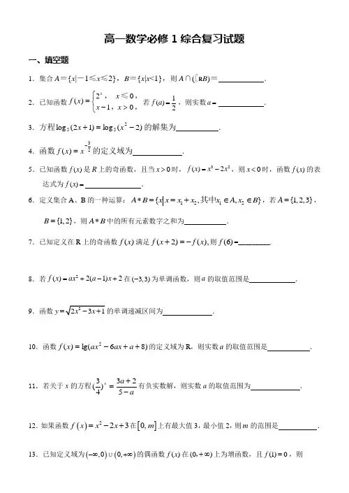 最新苏教版高一数学必修1综合复习试题优秀名师资料