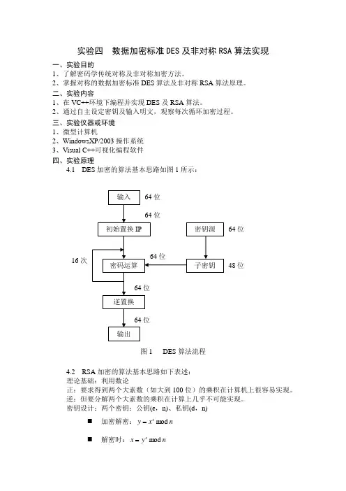 实验二 数据加密标准DES及非对称RSA算法实现