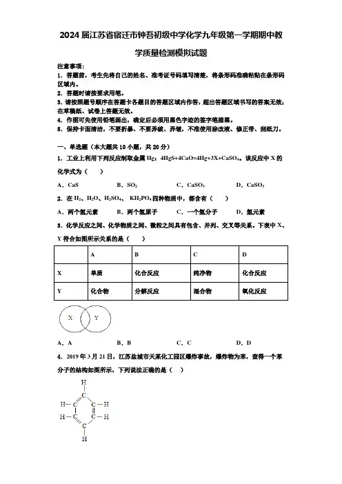 2024届江苏省宿迁市钟吾初级中学化学九年级第一学期期中教学质量检测模拟试题含解析