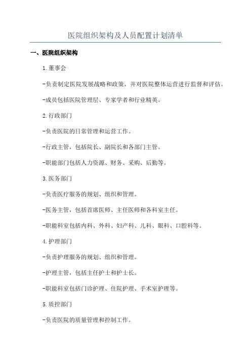 医院组织架构及人员配置计划清单