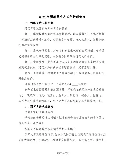 2024年预算员个人工作计划例文(3篇)