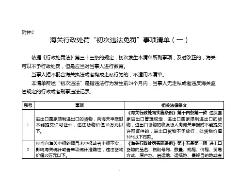海关行政处罚“初次违法免罚”事项清单(一)