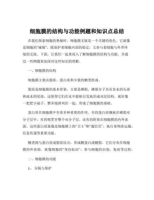 细胞膜的结构与功能例题和知识点总结
