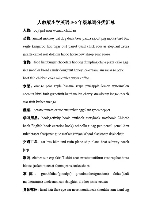 人教版小学英语(三年级起点)单词分类汇总
