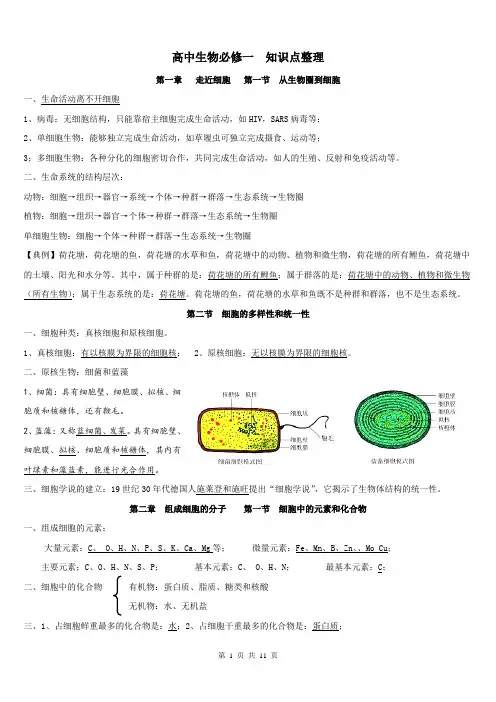 人教版 高中生物 必修一 核心知识 归纳整理(大全)