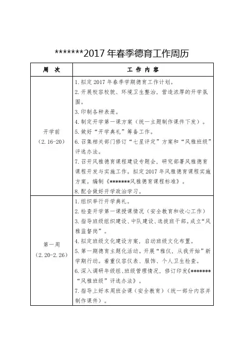 完整word版-2017年春季德育工作周历