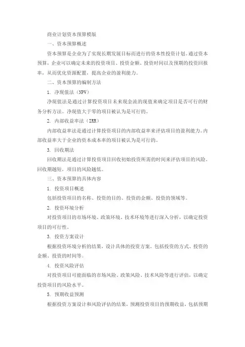 商业计划资本预算模版