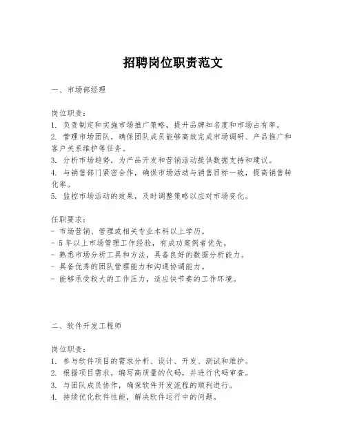 招聘岗位职责范文
