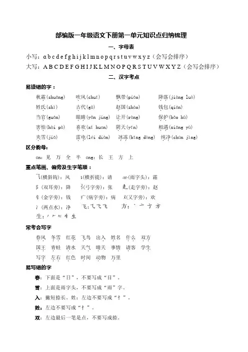 部编版一年级语文下册第一单元知识点归纳梳理