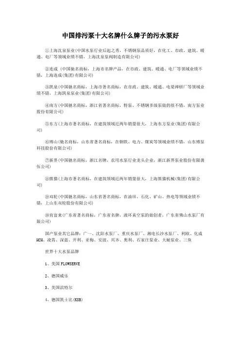 中国排污泵十大名牌什么牌子的污水泵好