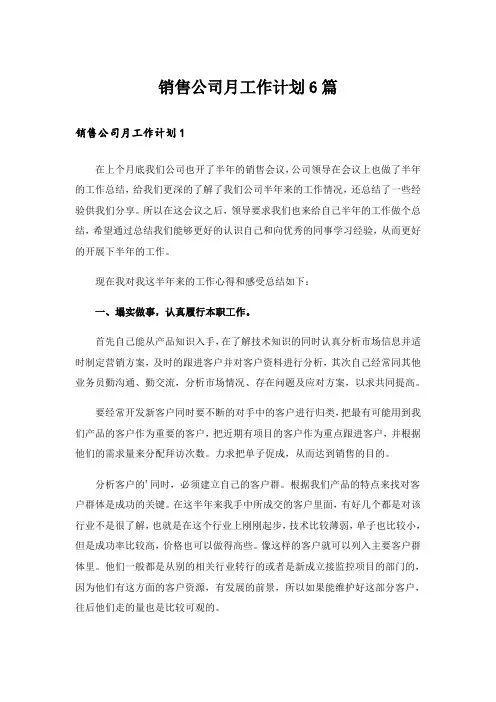 销售公司月工作计划6篇