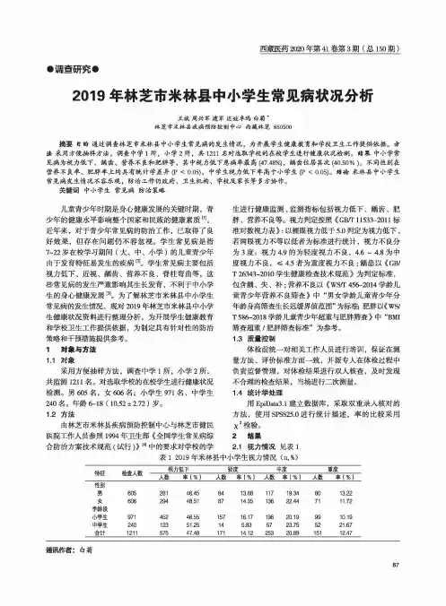 2019年林芝市米林县中小学生常见病状况分析