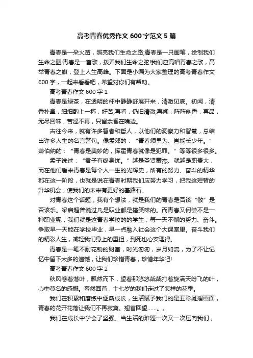 高考青春优秀作文600字范文5篇