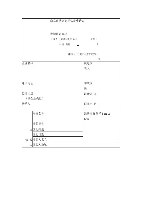 南京市著名商标认定申请表