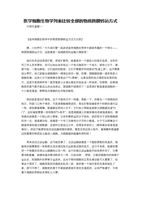 医学细胞生物学列表比较全部的物质跨膜转运方式