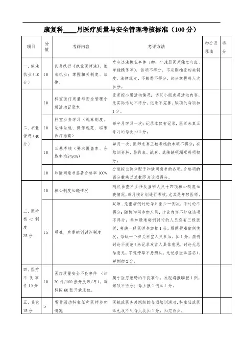 康复科医疗质量与安全管理考核细则