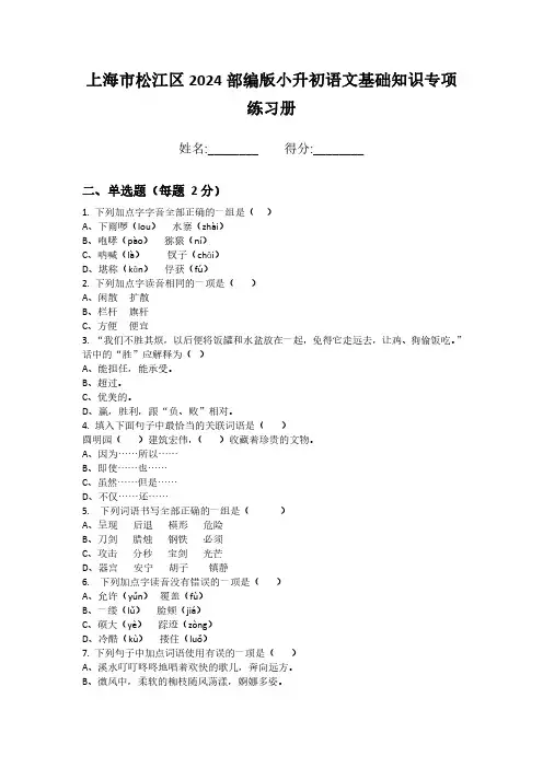 上海市松江区2024部编版小升初语文基础知识专项练习册