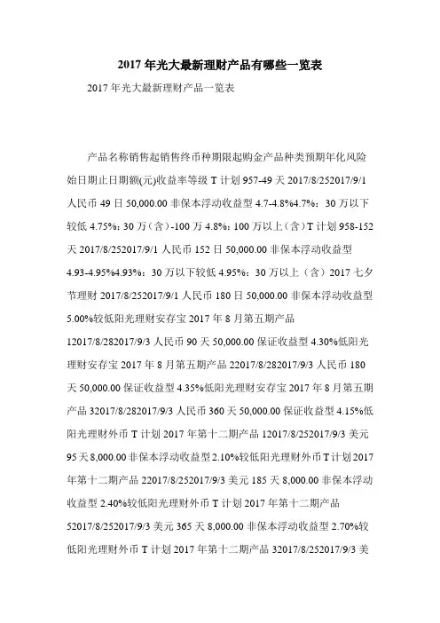 2017年光大最新理财产品有哪些一览表