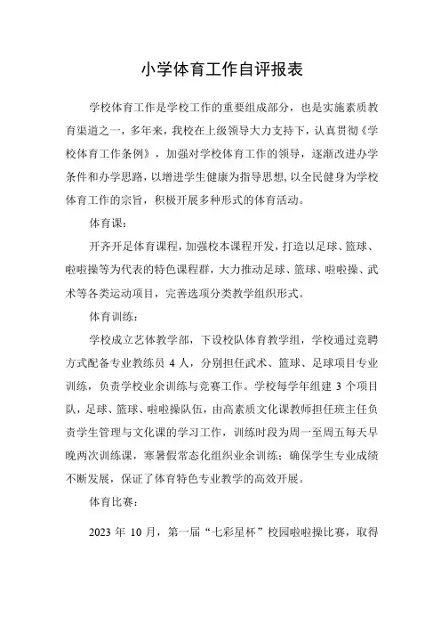 小学体育工作自评报表