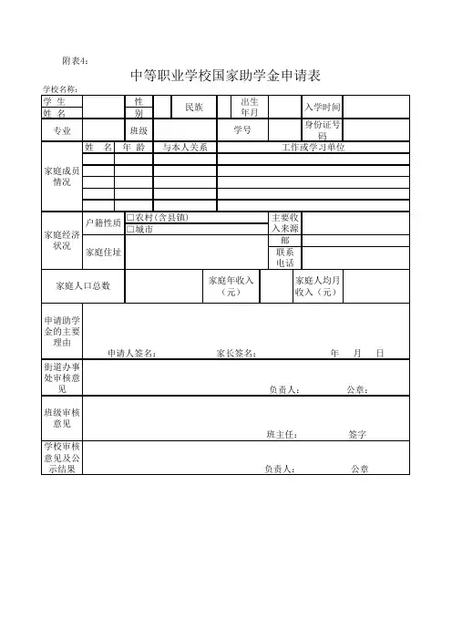 普通高中政府助学金申请表