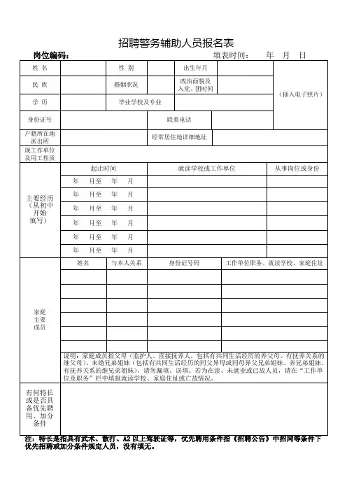 招聘警务辅助人员报名表