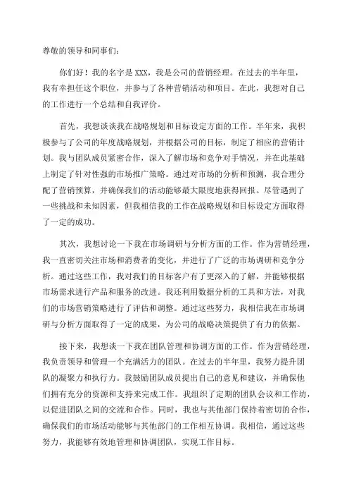 营销经理半年总结工作自我评价