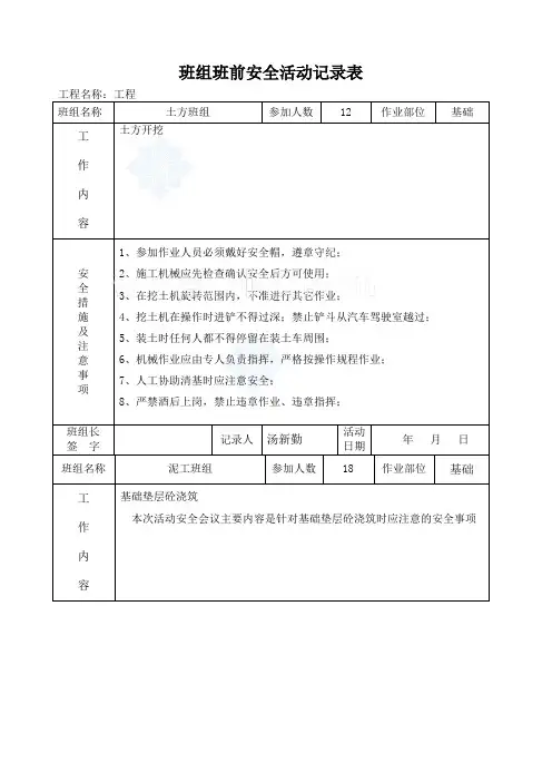 班前安全活动记录表 范例 