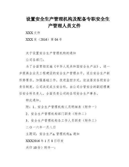 设置安全生产管理机构及配备专职安全生产管理人员文件