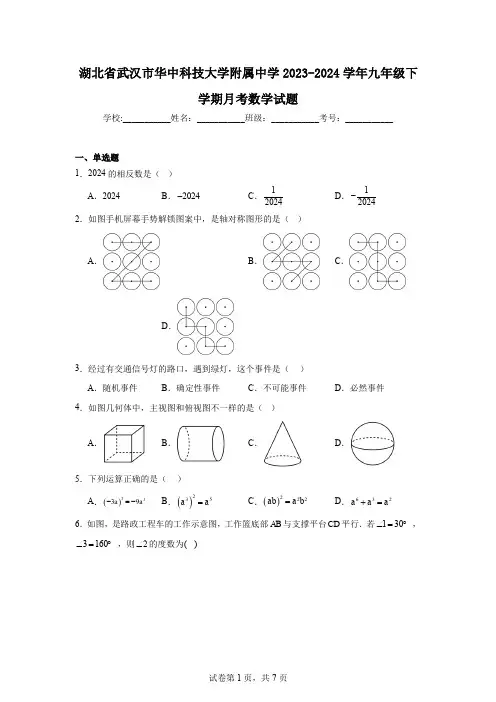 湖北省武汉市华中科技大学附属中学2023-2024学年九年级下学期月考数学试题
