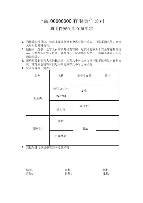 通用件安全库存量要求