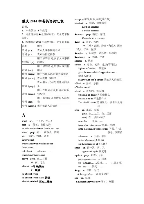重庆2014中考英语词汇表