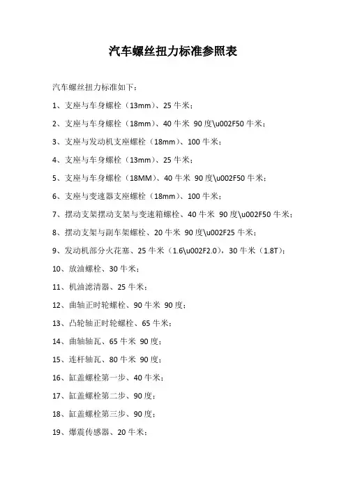 汽车螺丝扭力标准参照表