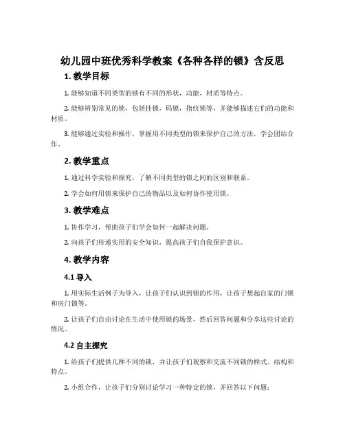 幼儿园中班优秀科学教案《各种各样的锁》含反思