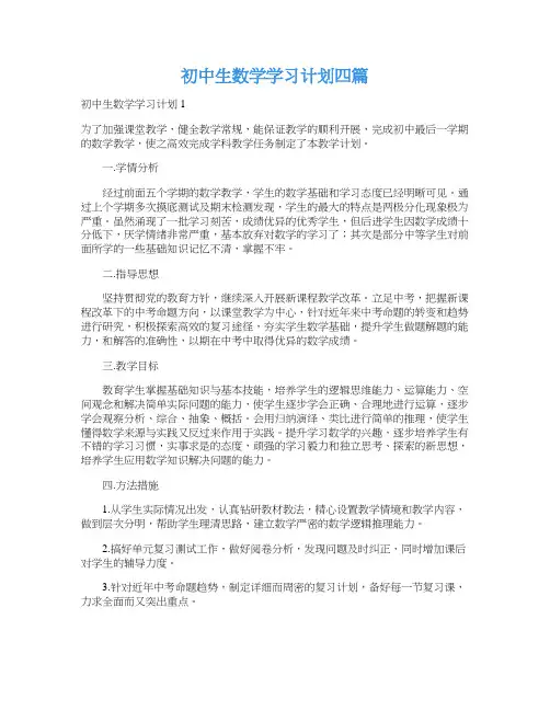 初中生数学学习计划四篇