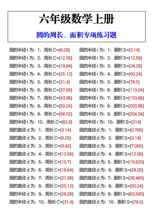 六年级数学上册圆的周长、面积专项练习题