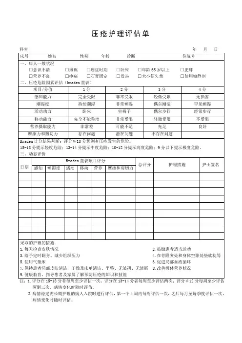 压疮护理评估单