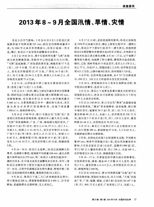 2013年8～9月全国汛情、旱情、灾情