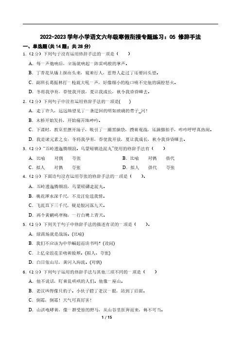 2022-2023学年小学语文六年级寒假衔接专题练习：05 修辞手法