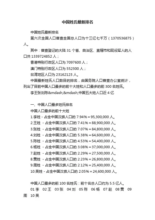 中国姓氏最新排名