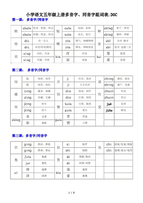 小学语文五年级上册多音字、同音字组词表
