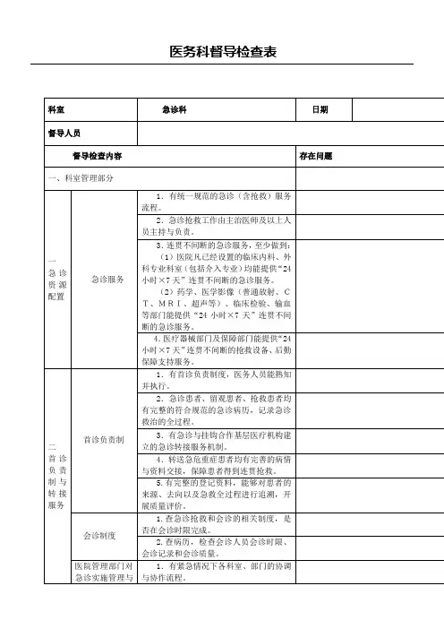 临床科室督导情况记录表急诊科