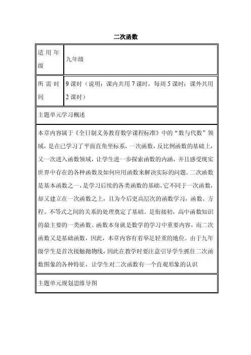 初中数学《二次函数》单元教学设计以及思维导图
