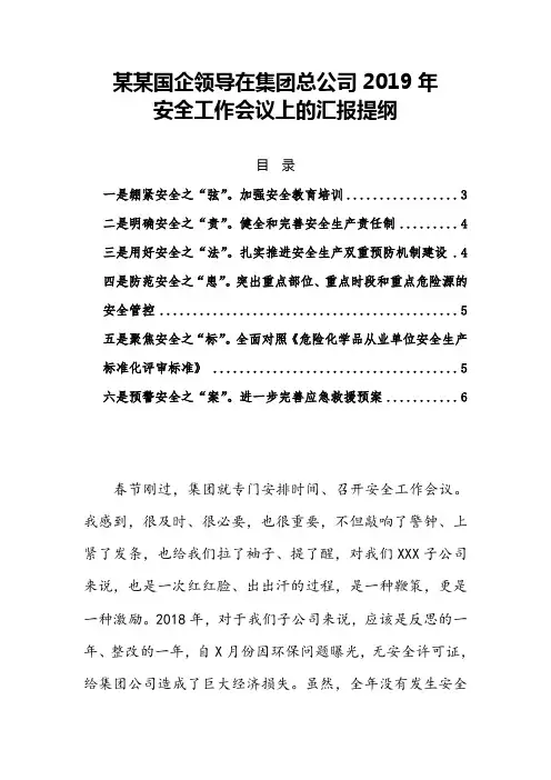 某某国企领导在集团总公司2019年安全工作会议上的汇报提纲