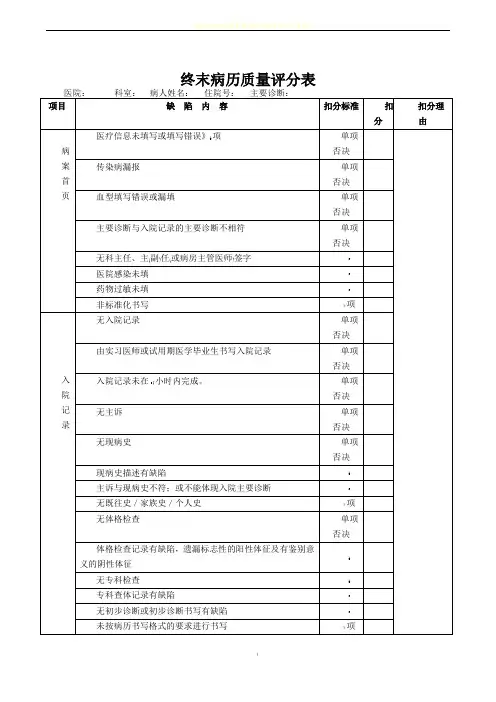 终末病历质量评分表