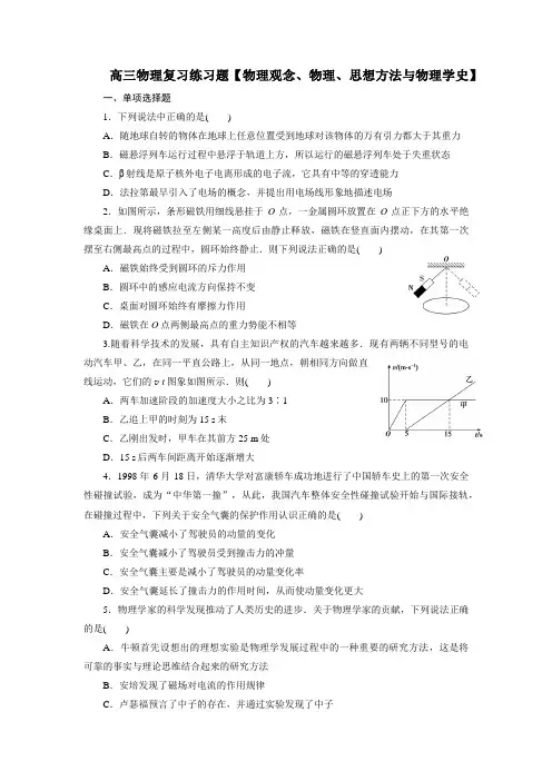 高三物理复习练习题【物理观念、物理、思想方法与物理学史】