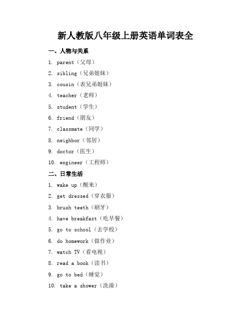 新人教版八年级上册英语单词表全
