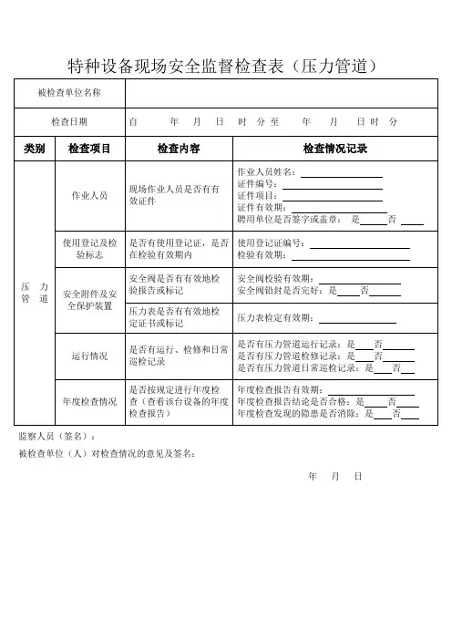 特种设备现场安全监督检查表(压力管道)