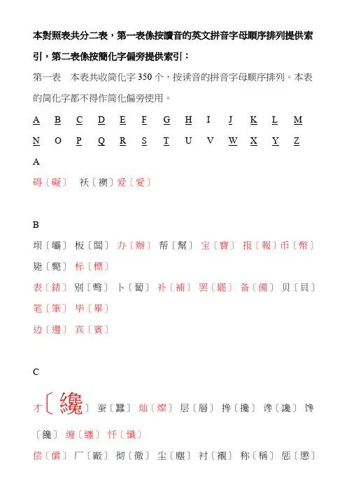 本对照表共分二表,第一表系按读音的英文拼音字母顺序排列提供索汇总